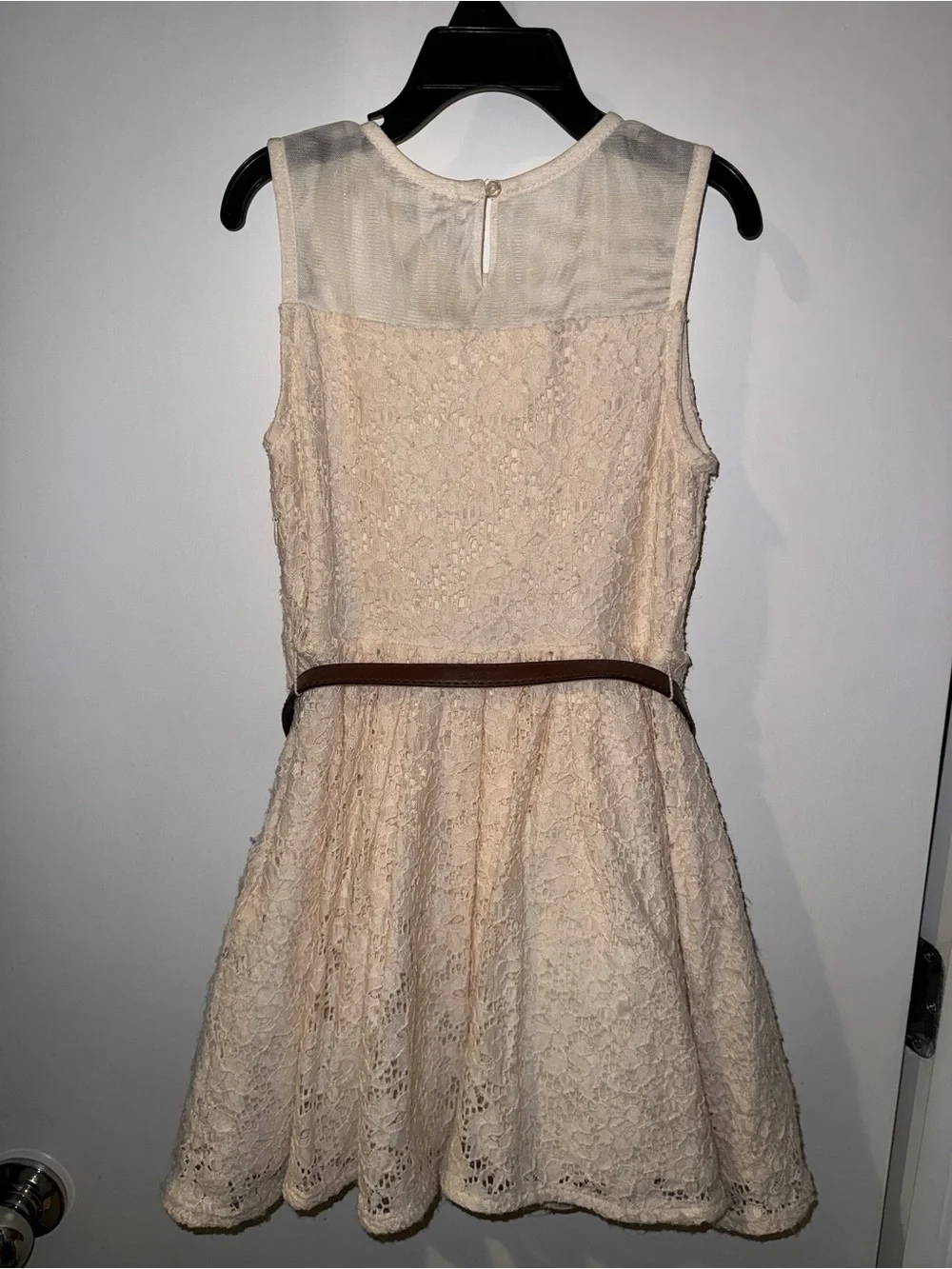 Beautees Cream Lace Dress with Brown Accent Belt